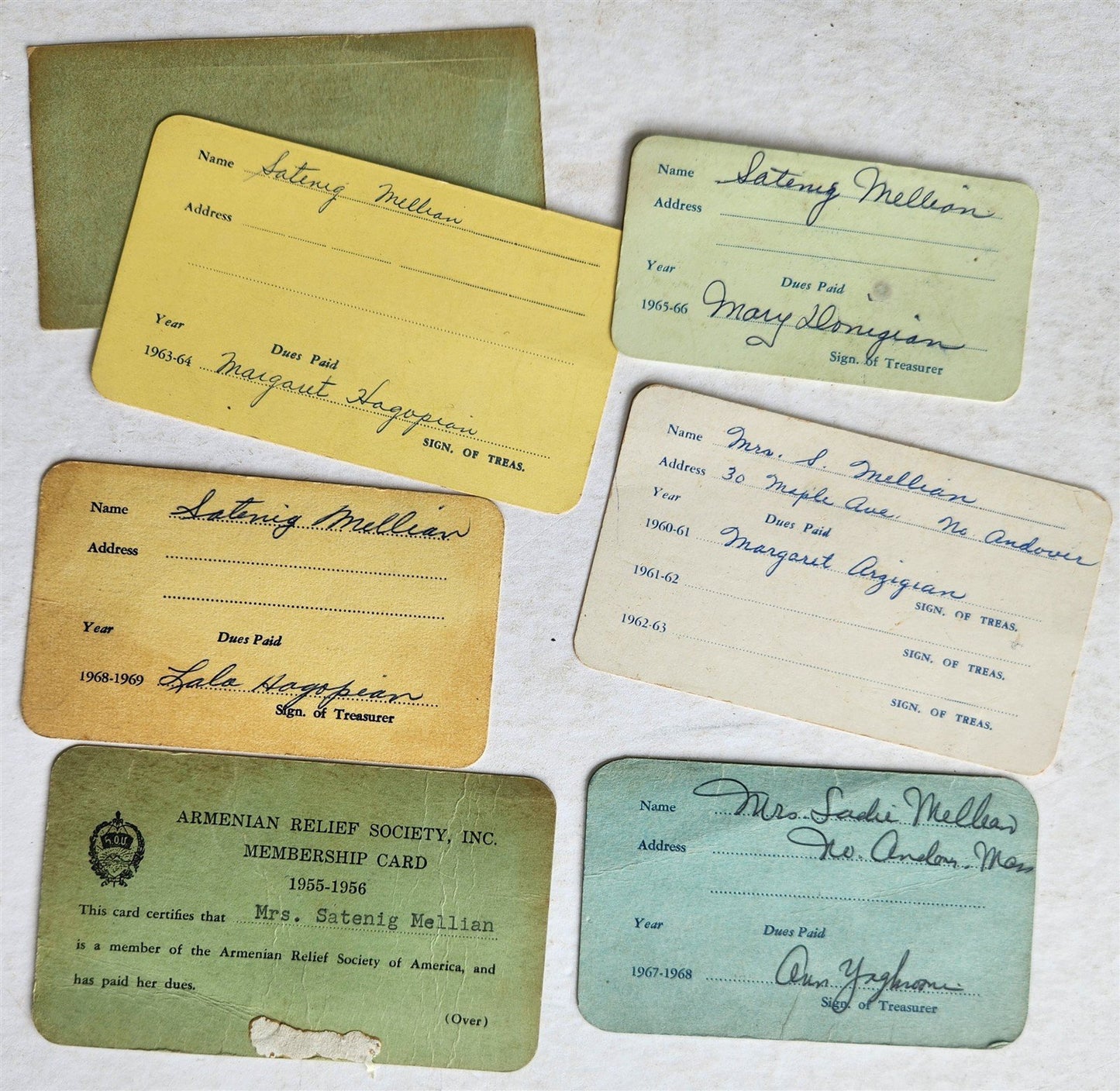 1950s-60s ARMENIAN RELIEF SOCIETY of AMERICA lot of 7 MEMBERSHIP CARDS vintage