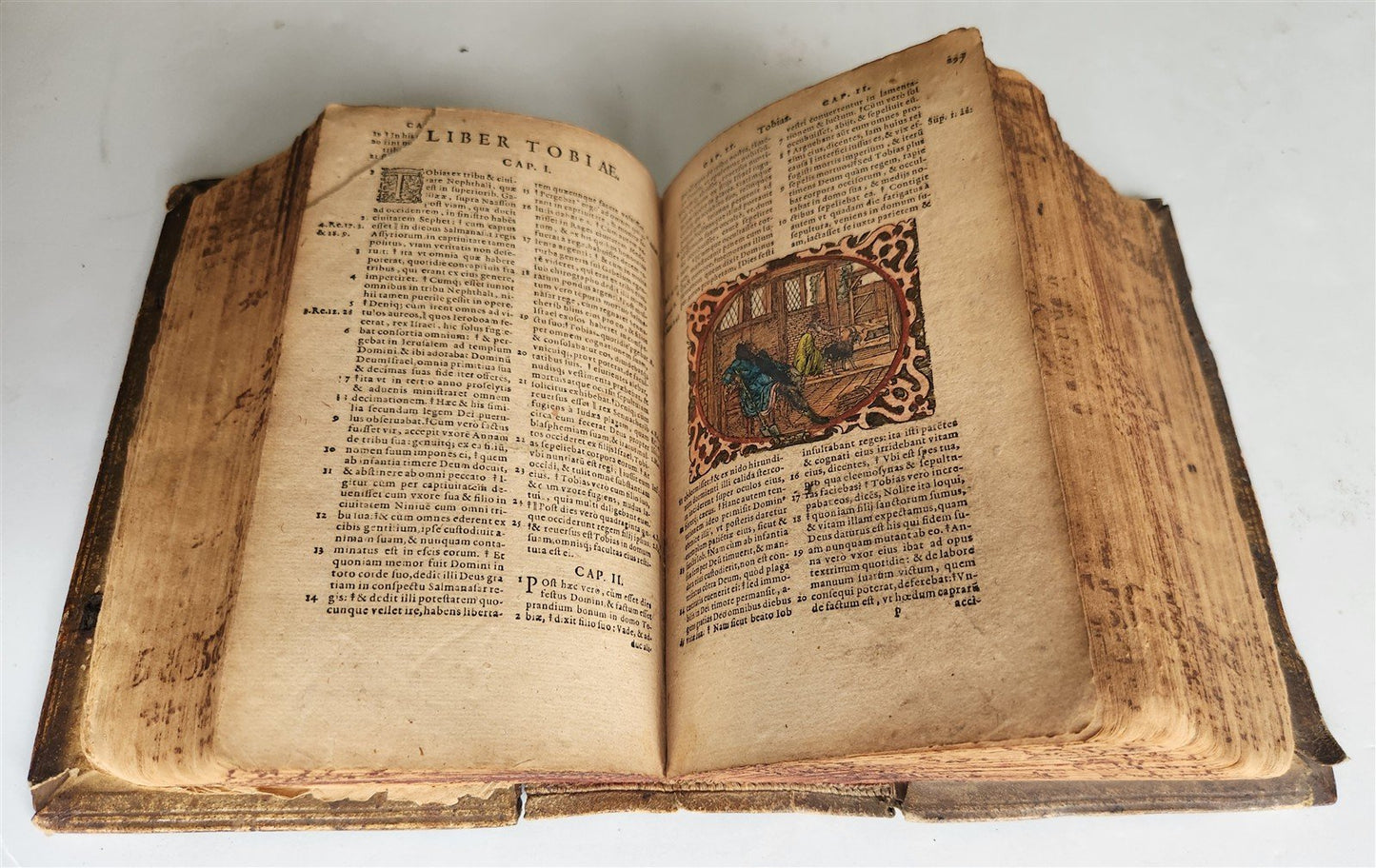 1585 BIBLE ILLUSTRATED antique ORIGINAL PIGSKIN BINDING LATIN BIBLIA SACRA 16 c.