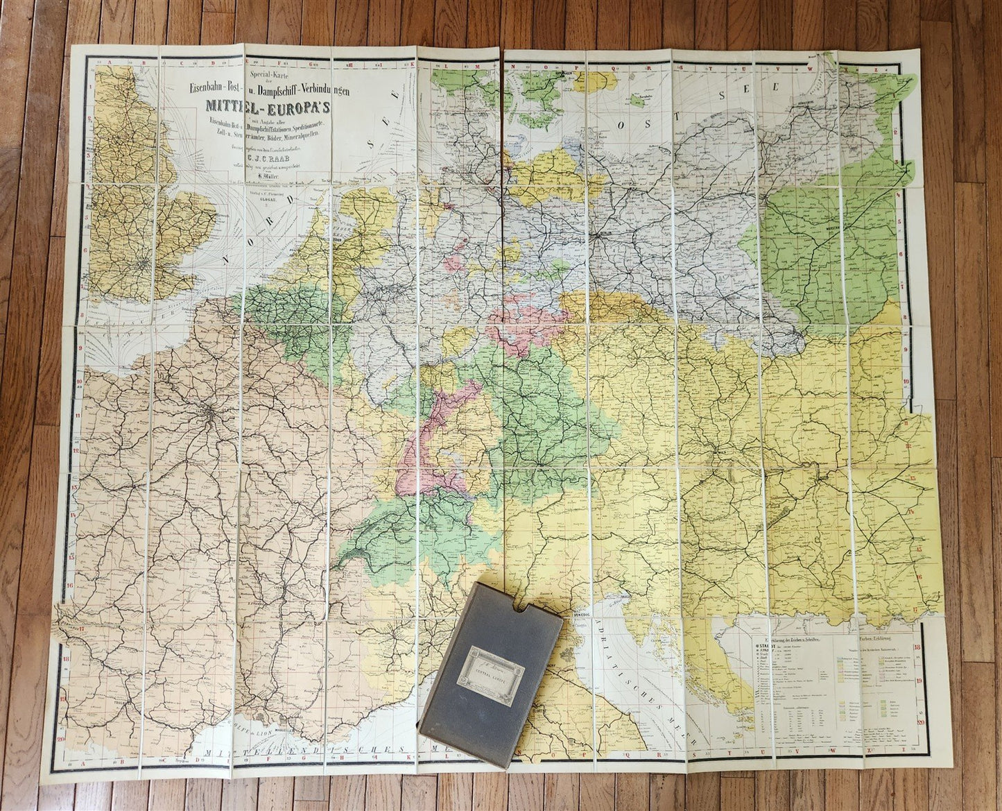 1870s LARGE MAP of EUROPE on LINEN w/ ORIGINAL HOLDER antique