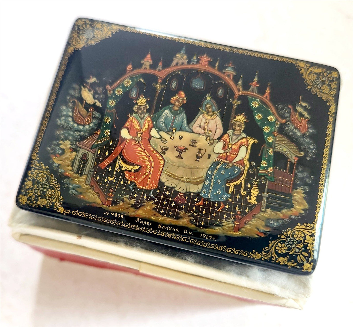 RUSSIAN PALEKH SCHOOL 1987 5 SIDES LACQUER BOX TSAR SALTAN vintage SIGNED