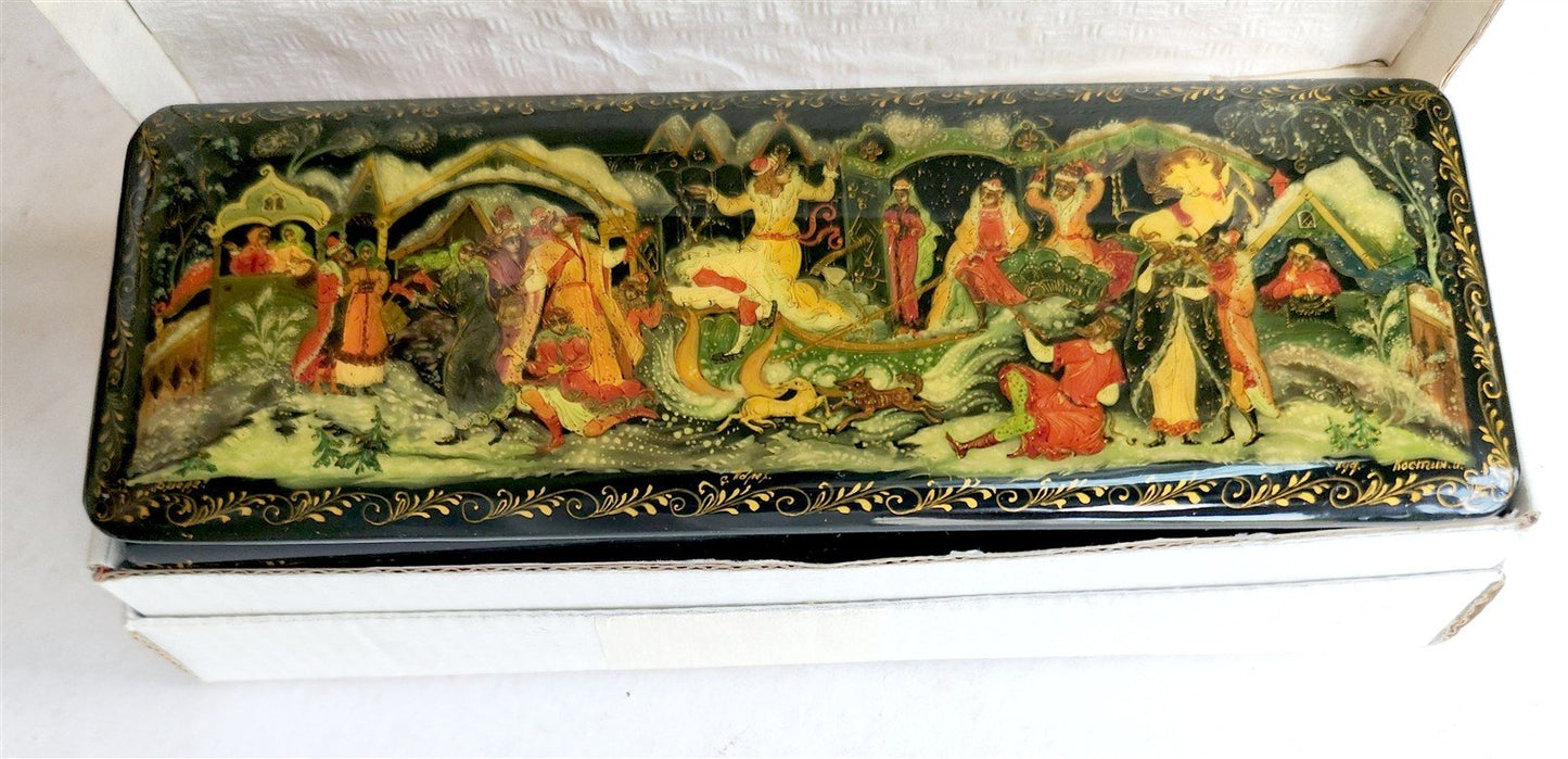RUSSIAN PALEKH SCHOOL 1980s HANDPAINTED LACQUER BOX EMELYA vintage ARTIST SIGNED