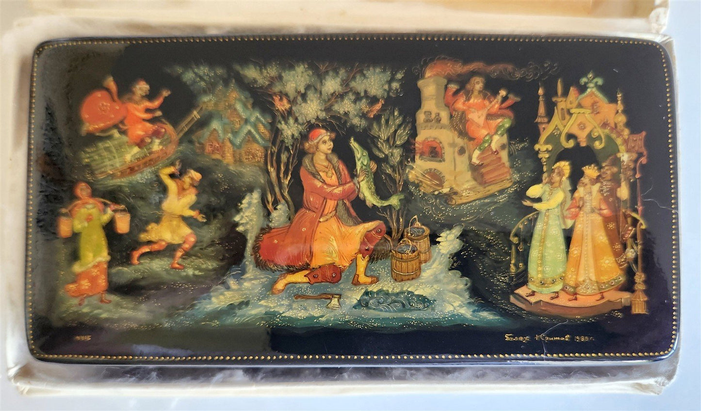 RUSSIAN PALEKH SCHOOL HANDPAINTED SIGNED LACQUER BOX vintage EMELYA & MAGIC FISH