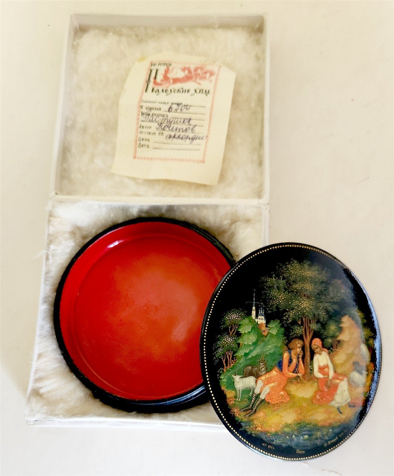RUSSIAN PALEKH SCHOOL 1984 HAND PAINTED LACQUER BOX vintage A LITTLE SHEPHERD