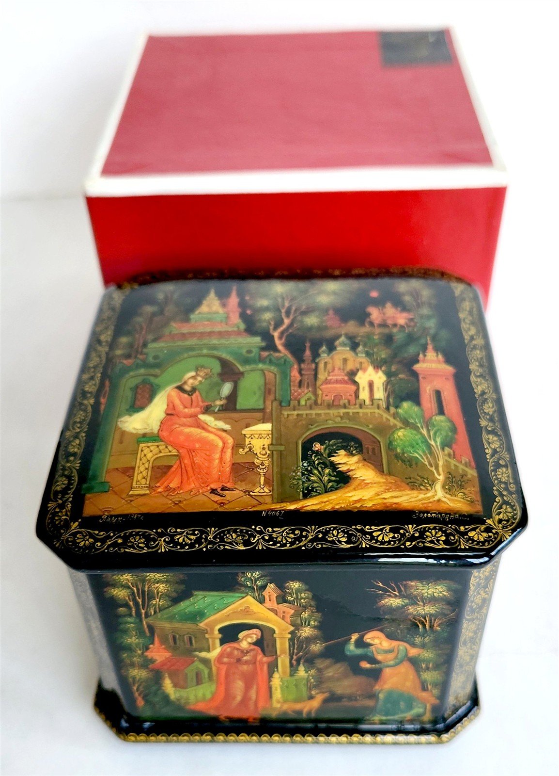 RUSSIAN PALEKH SCHOOL 1984 5 SIDES PAINTED LACQUER BOX vintage DEAD PRINCESS