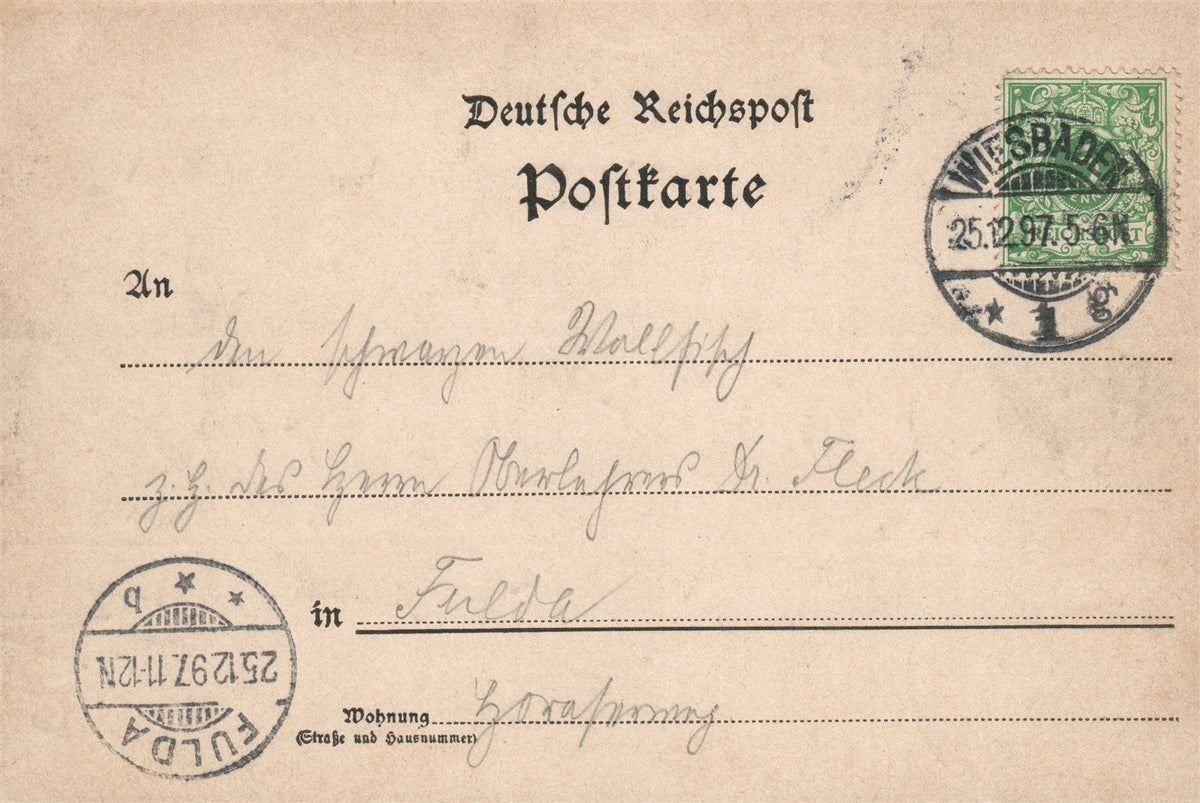 GERMANY GRUSS AUS WIESBADEN BEI NACHT 1897 ANTIQUE POSTCARD