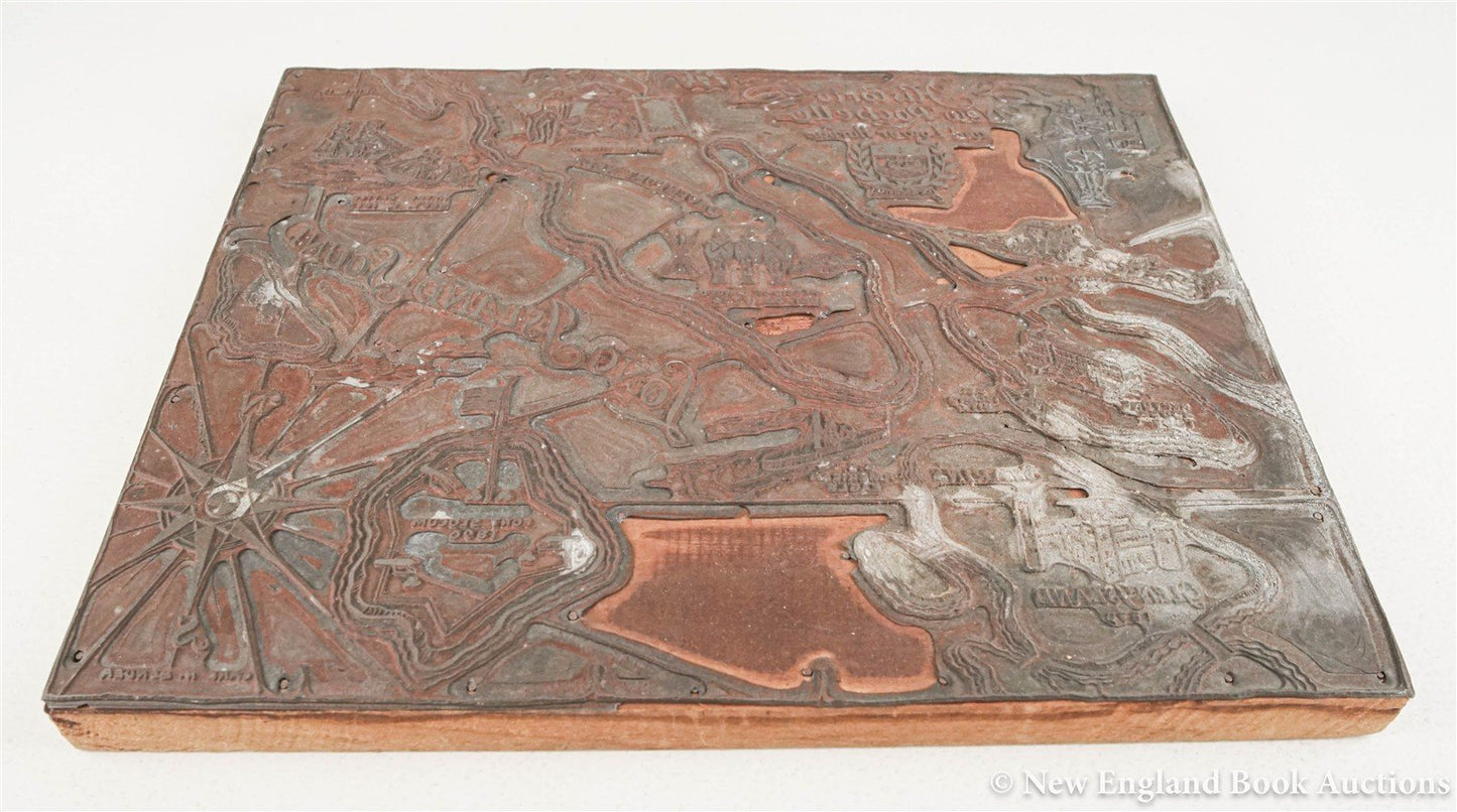 1920s PRINTING BLOCK Historic New Rochelle & Lower Harbor MAP antique AMERICANA