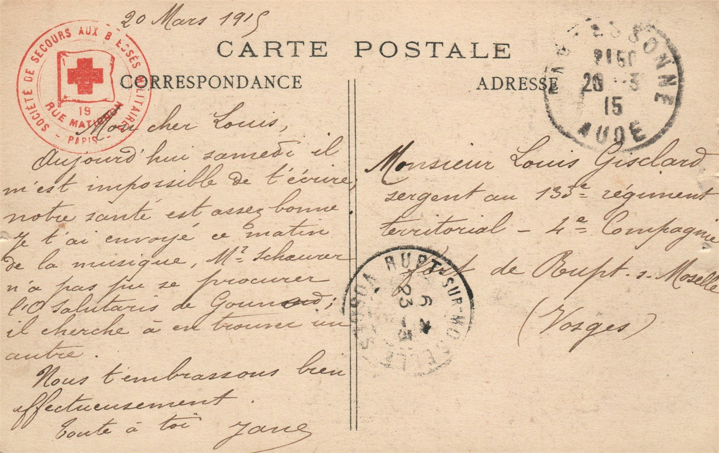 FRENCH 1915 ANTIQUE POSTCARD w/GERMAN FLAG CAPTURED during WWI RED CROSS CANCEL