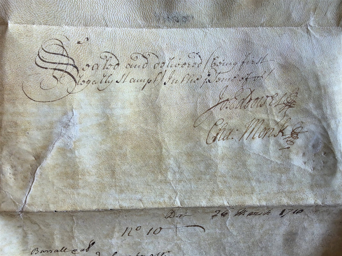 1710 MANUSCRIPT INDENTURE on VELLUM in ENGLISH w/ WAX SEALS antique 13 x 22.5"