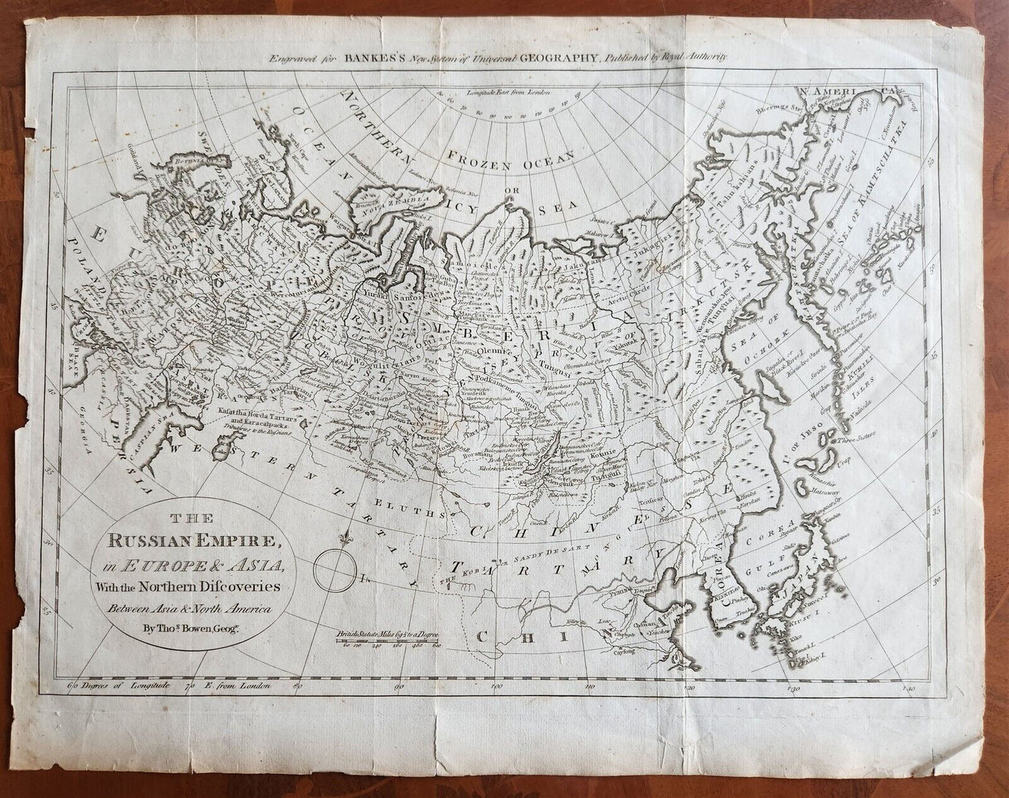 1785 RUSSIAN EMPIRE Discoveries between Asia and North America antique MAP