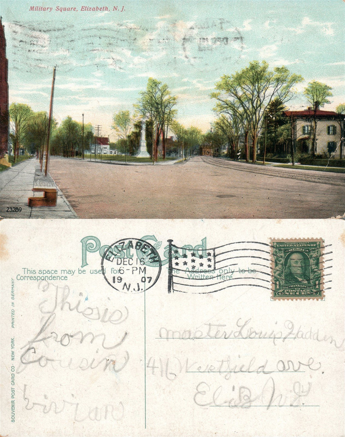 ELIZABETH N.J. MILITARY SQUARE 1907 ANTIQUE POSTCARD