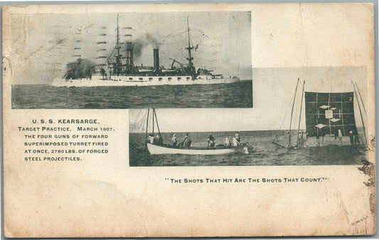 USS KEARSARGE SHIP TARGET PRACTICE 1907 ANTIQUE POSTCARD