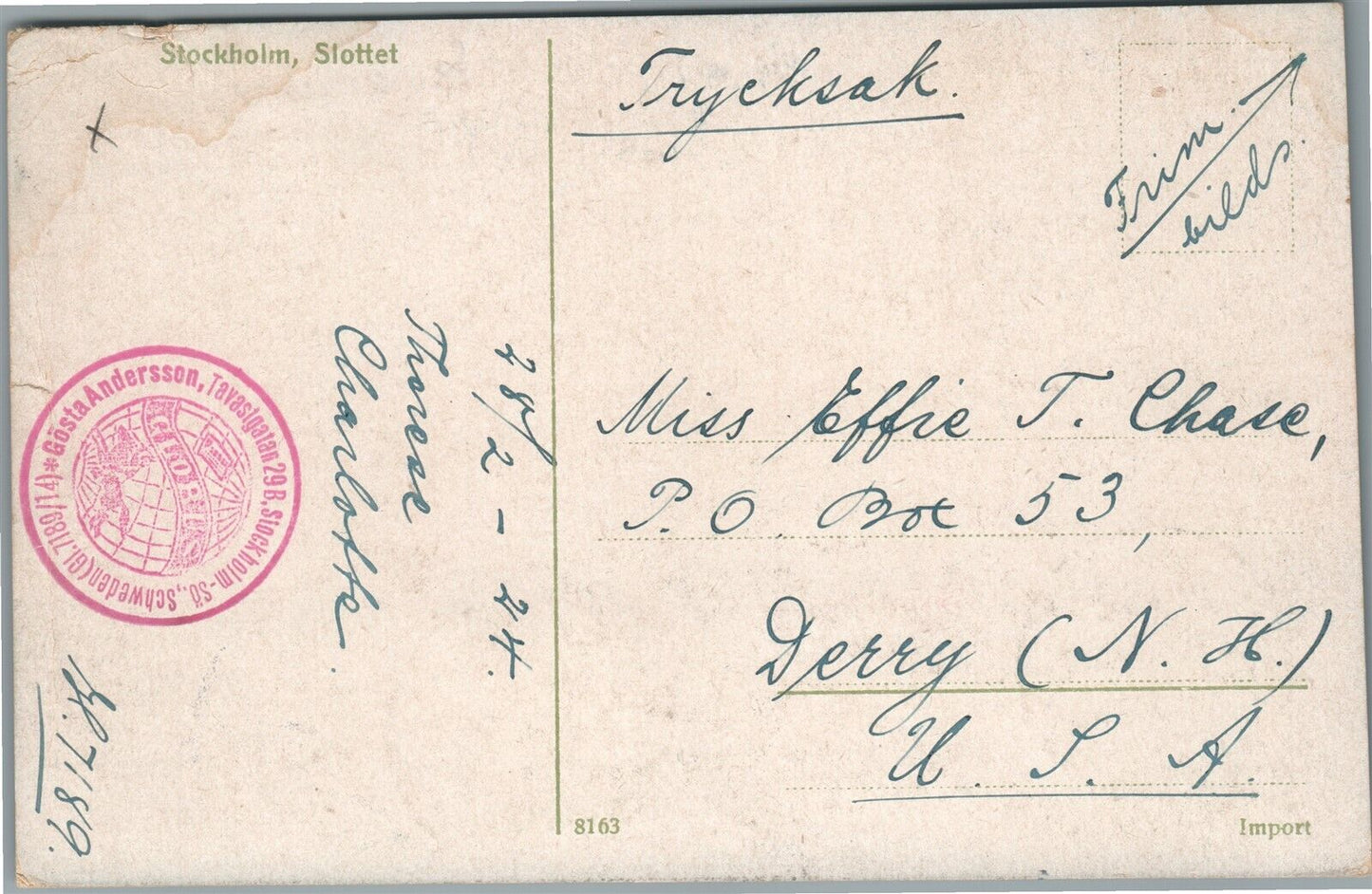 STOCKHOLM SLOTTET ANTIQUE POSTCARD w/ STAMPS