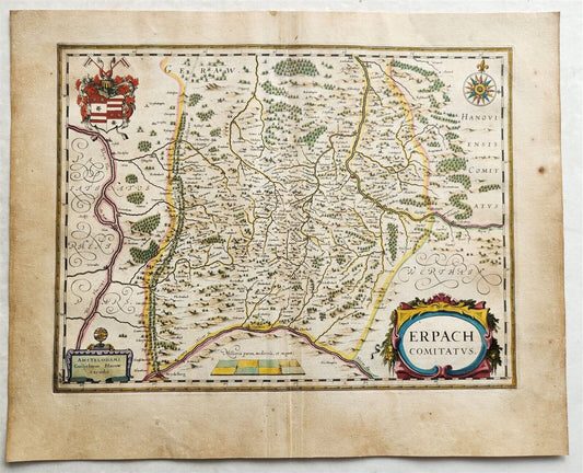 1640 MAP of GERMANY ERBACH by WILLEM BLAEU antique AUTHENTIC hand colored