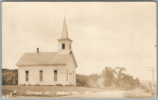ABBOT VILLAGE ME CHURCH ANTIQUE REAL PHOTO POSTCARD RPPC