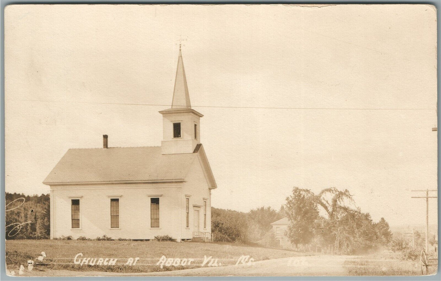 ABBOT VILLAGE ME CHURCH ANTIQUE REAL PHOTO POSTCARD RPPC