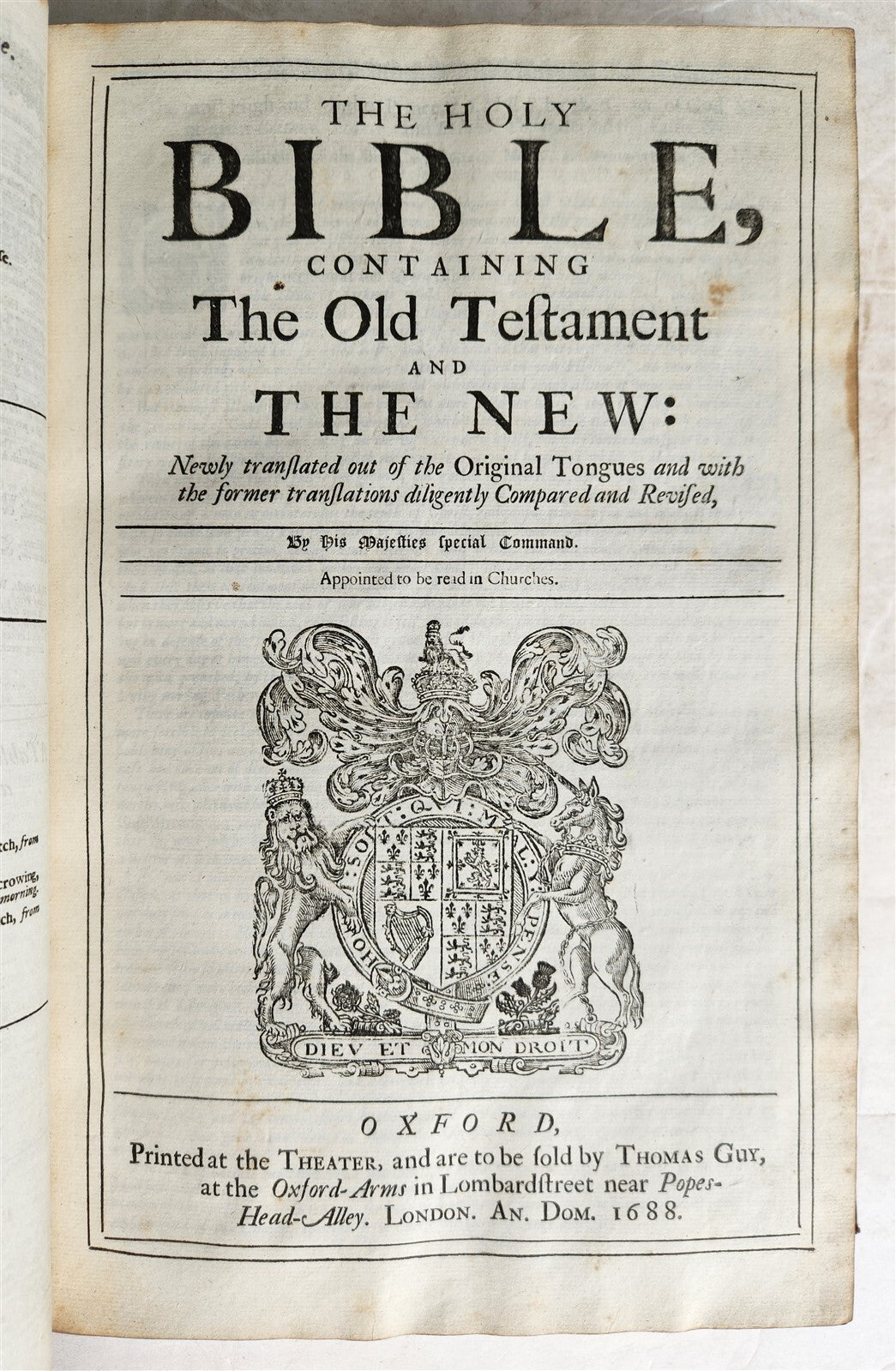 1688 BIBLE in ENGLISH FOLIO antique OLD & NEW TESTAMENT 17th CENTURY Oxford