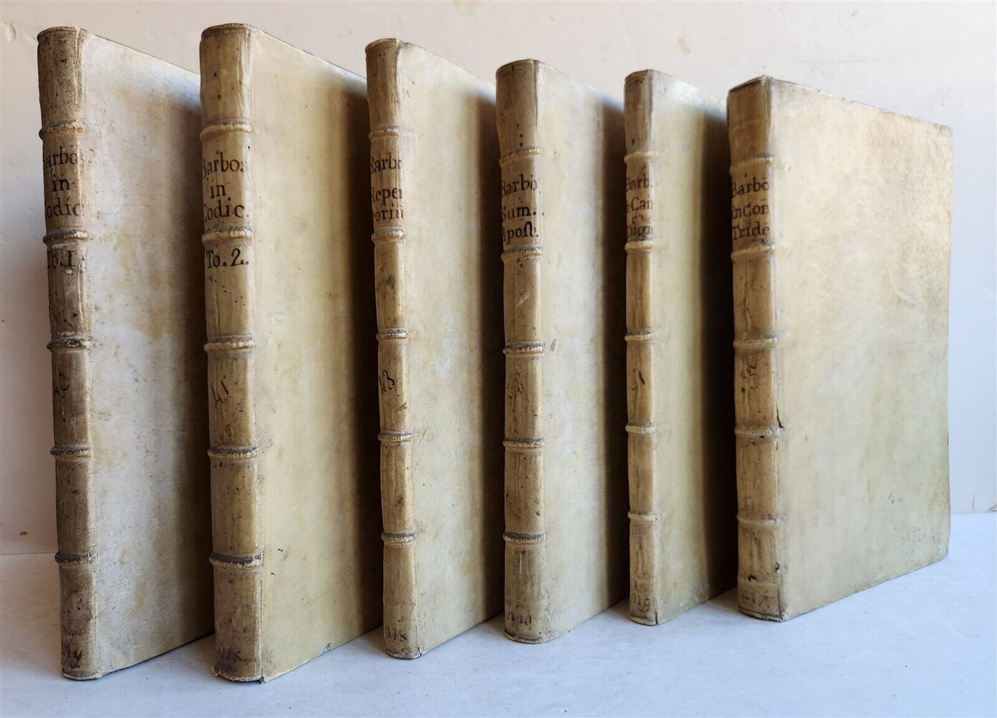 1701-1715 CANON LAW 6 FOLIO VOLUMES by AUGUSTINI BARBOSAE antique VELLUM BINDING