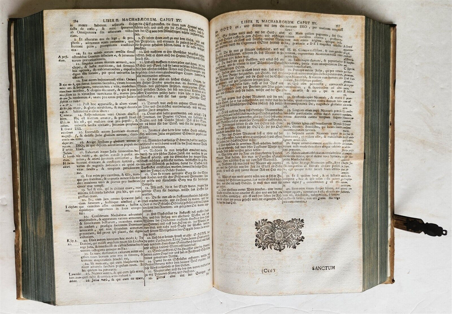 1735 BIBLE in GERMAN & LATIN antique HAND TOOLED PIGSKIN BOUND FOLIO
