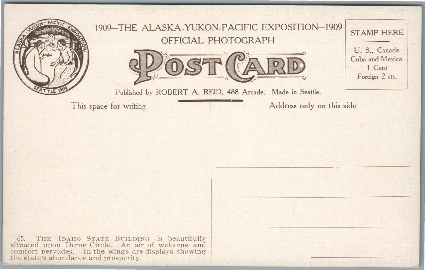 SEATTLE WA 1909 ALASKA YUKON PACIFIC EXPOSITION IDAHO BUILDING ANTIQUE POSTCARD
