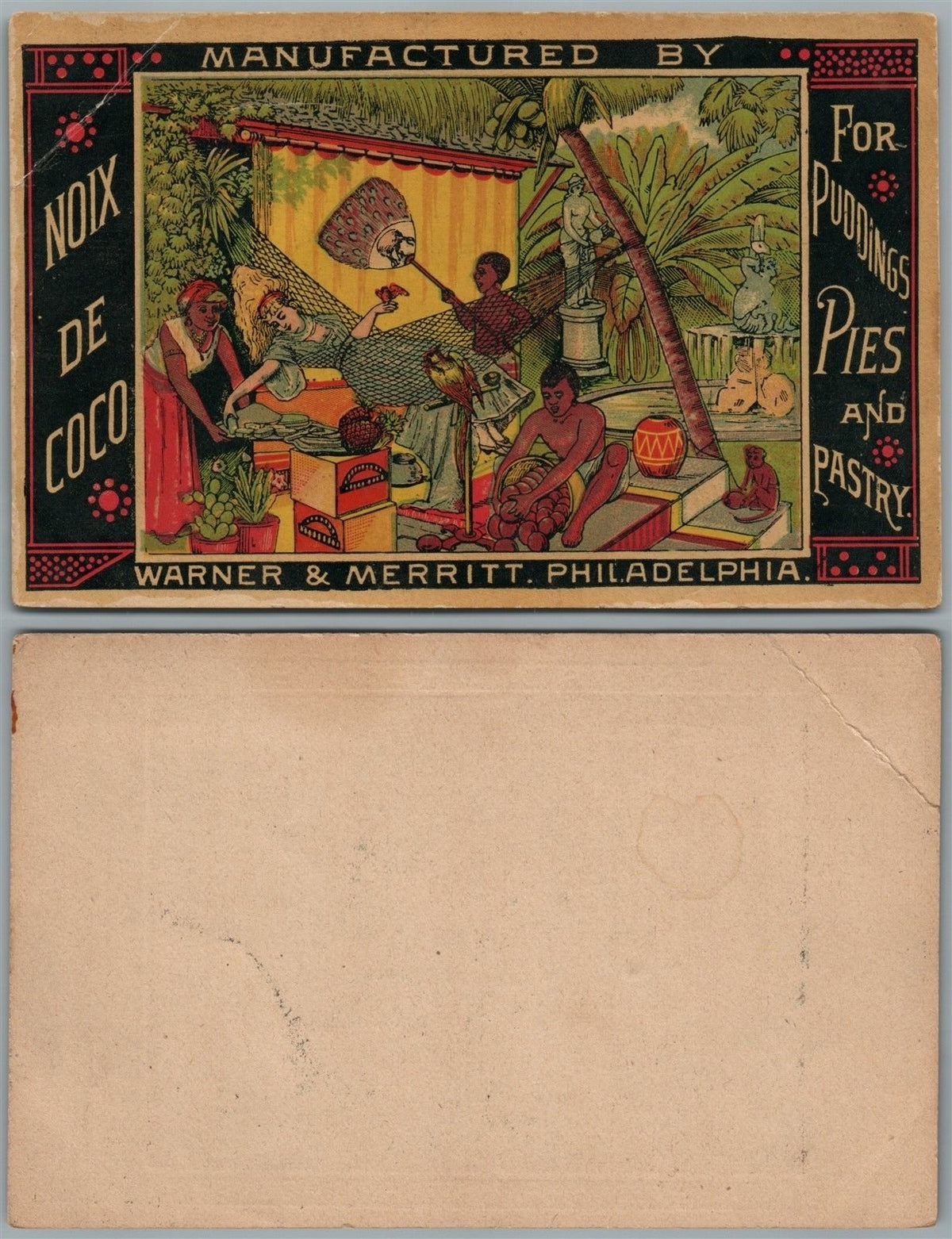 WARNER & MERRITT PHILADELPHIA PA NOIX DE COCO ANTIQUE TRADE CARD