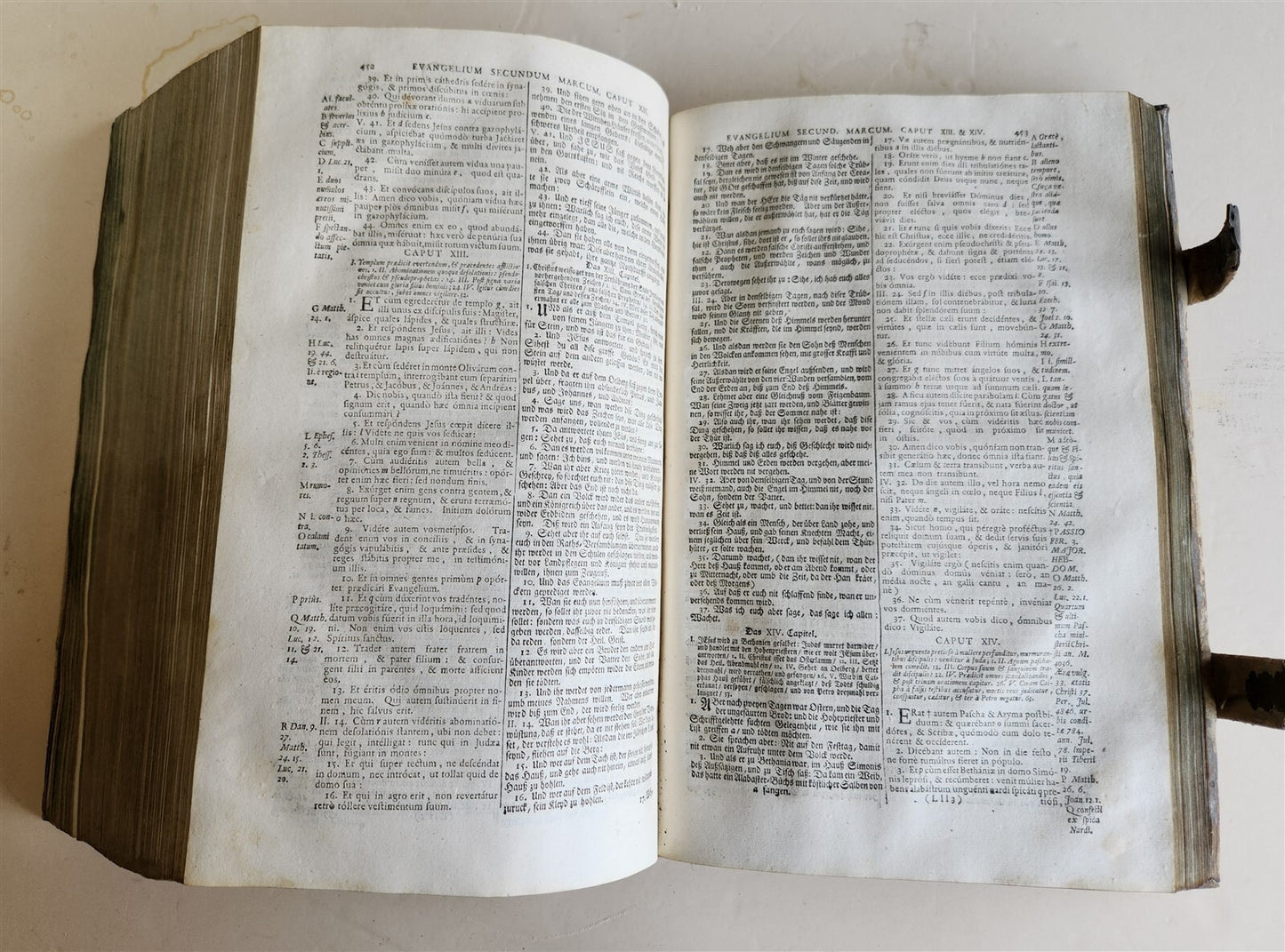 1737 BIBLE in GERMAN & LATIN antique MASSIVE FOLIO PIGSKIN BOUND 10 x 15"
