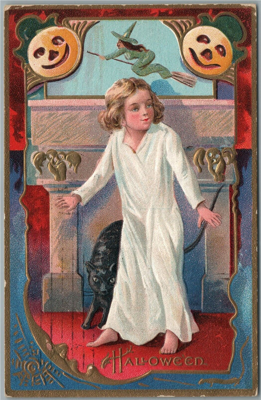 HALLOWEEN ANTIQUE POSTCARD KID w/ FLYING WITCH