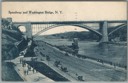 NEW YOTK NY SPEEDWAY & WASHINGTON BRIDGE ANTIQUE POSTCARD