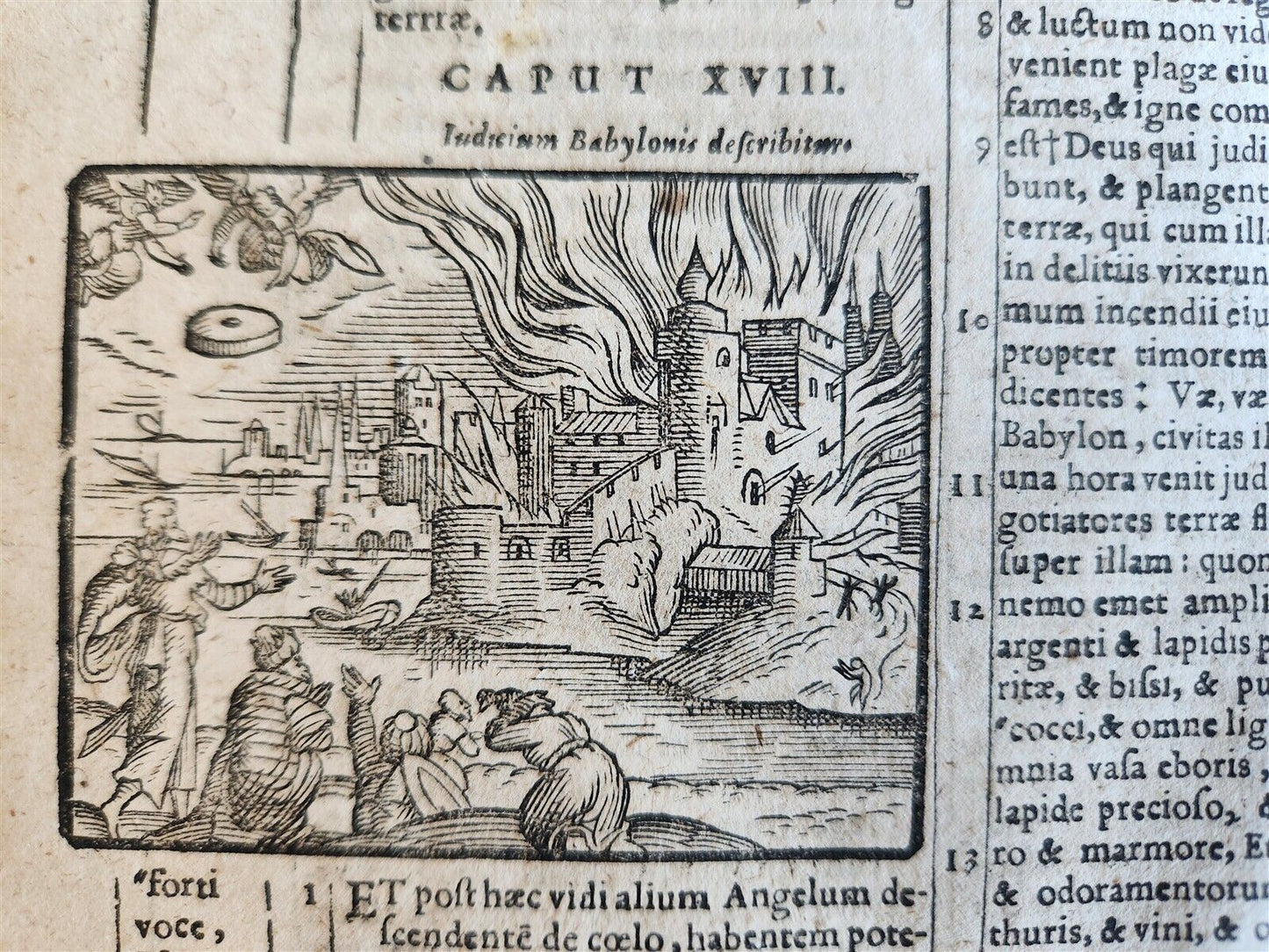 1602 BIBLE in LATIN ILLUSTRATED w/ MAP & NUMEROUS WOODCUTS antique