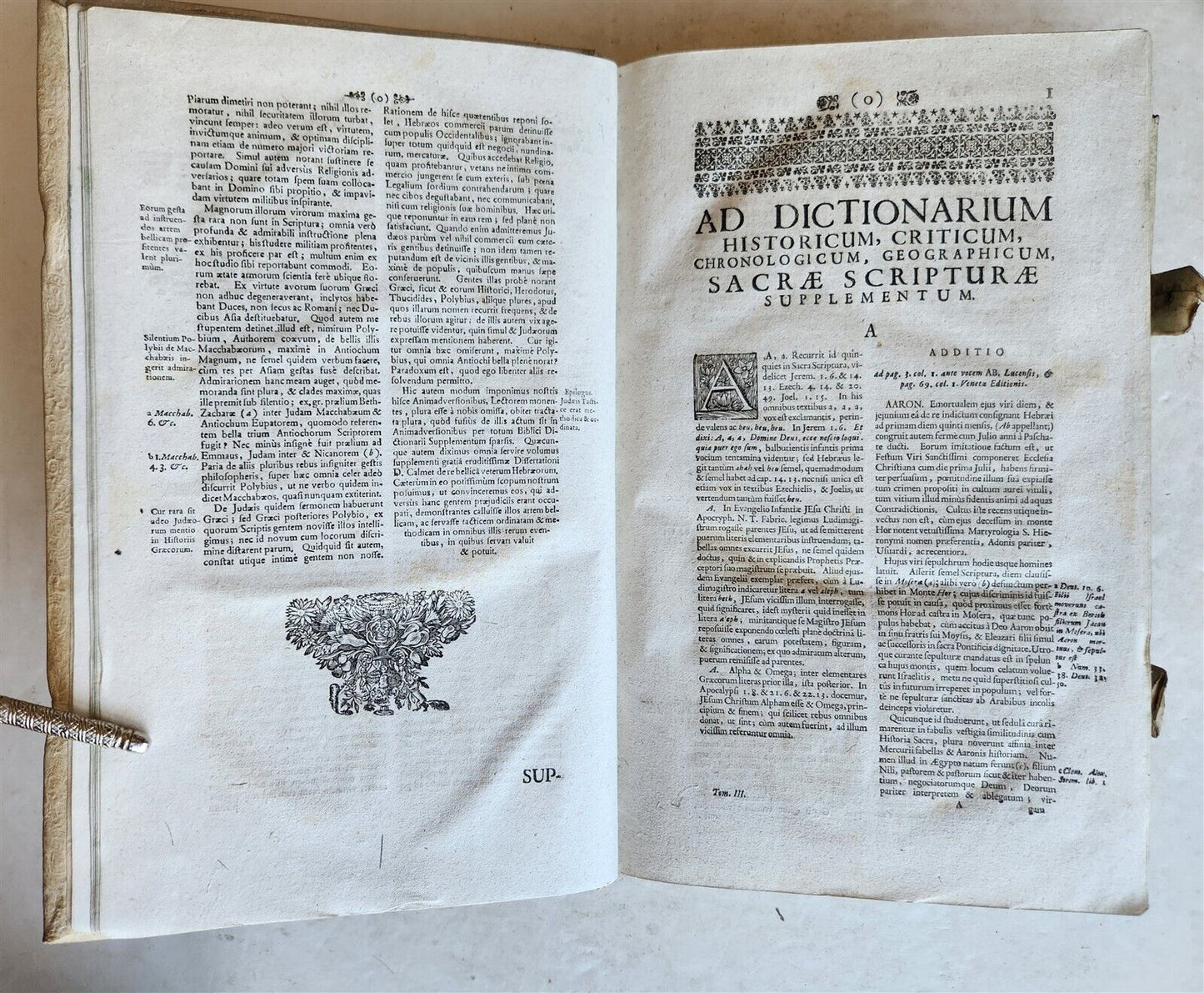 1736 AUGUSTINO CALMET antique BLIND STAMPED PIGSKIN BOUND FOLIO