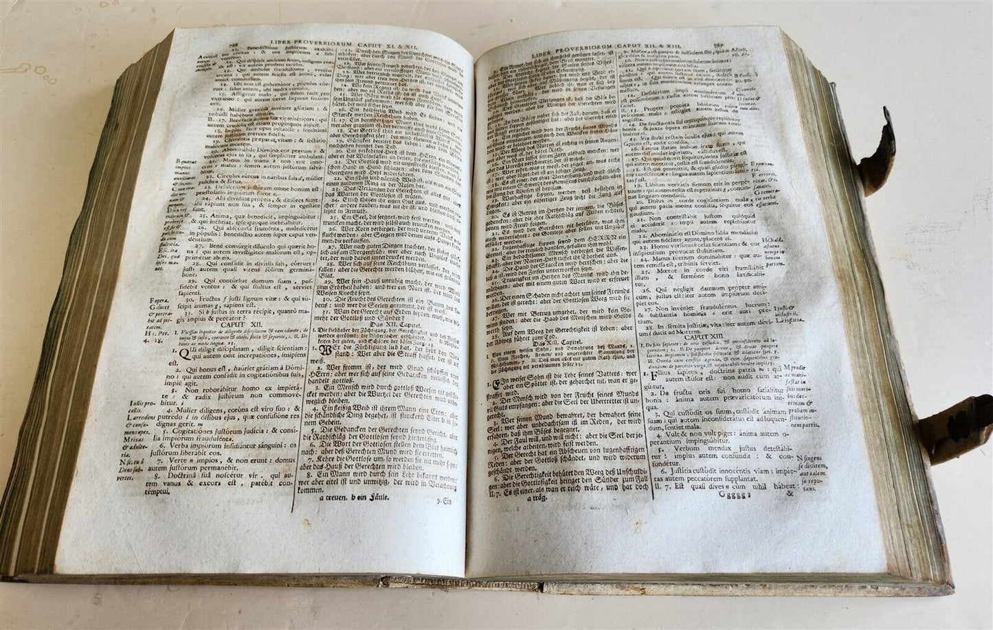 1737 BIBLE in GERMAN & LATIN antique MASSIVE FOLIO PIGSKIN BOUND 10 x 15"