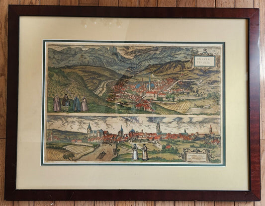 1617 COPPER ENGRAVING Brixia Tyrolis - Laugingen ITALY - GERMANY antique FRAMED