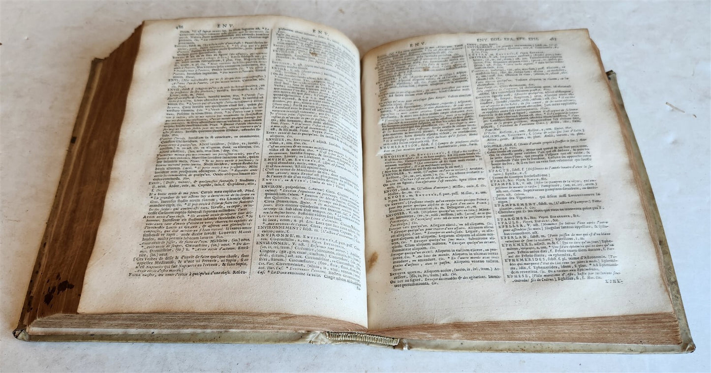 1710 LATIN FRENCH DICTIONARY antique w/ BLIND STAMPED VELLUM BINDING