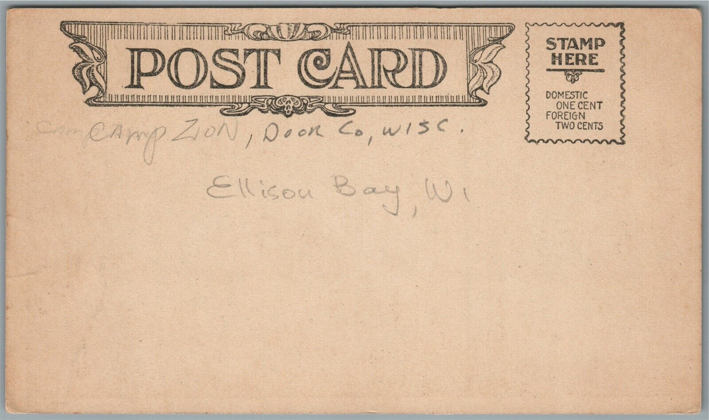 ELLISON BAY WI CAMP ZION SWINGING BRIDGE BOYS CABINS ANTIQUE POSTCARD