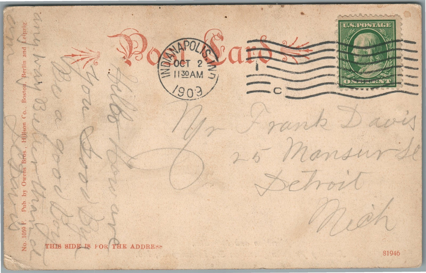 INDIANAPOLIS IN MERIDIAN & 14th STREETS ANTIQUE POSTCARD