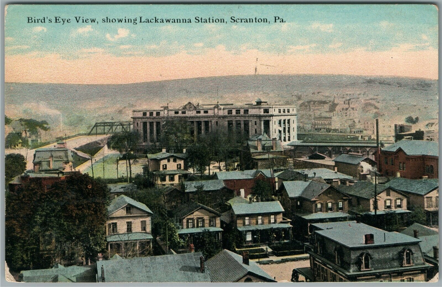 SCRANTON PA BIRDS EYE VIEW RAILROAD STATION ANTIQUE POSTCARD