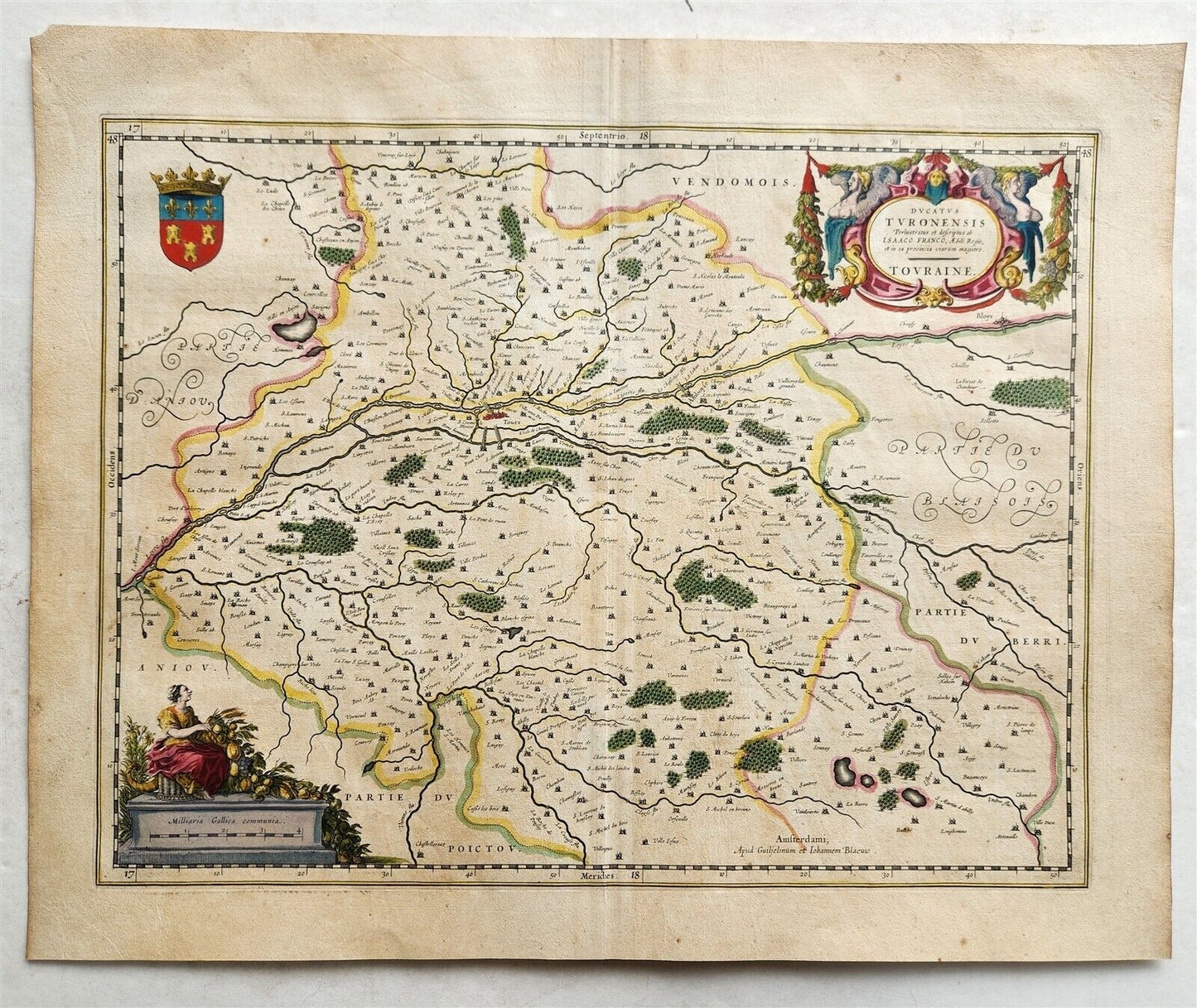 1640 MAP of FRANCE TOURAINE by WILLEM BLAEU antique AUTHENTIC hand colored