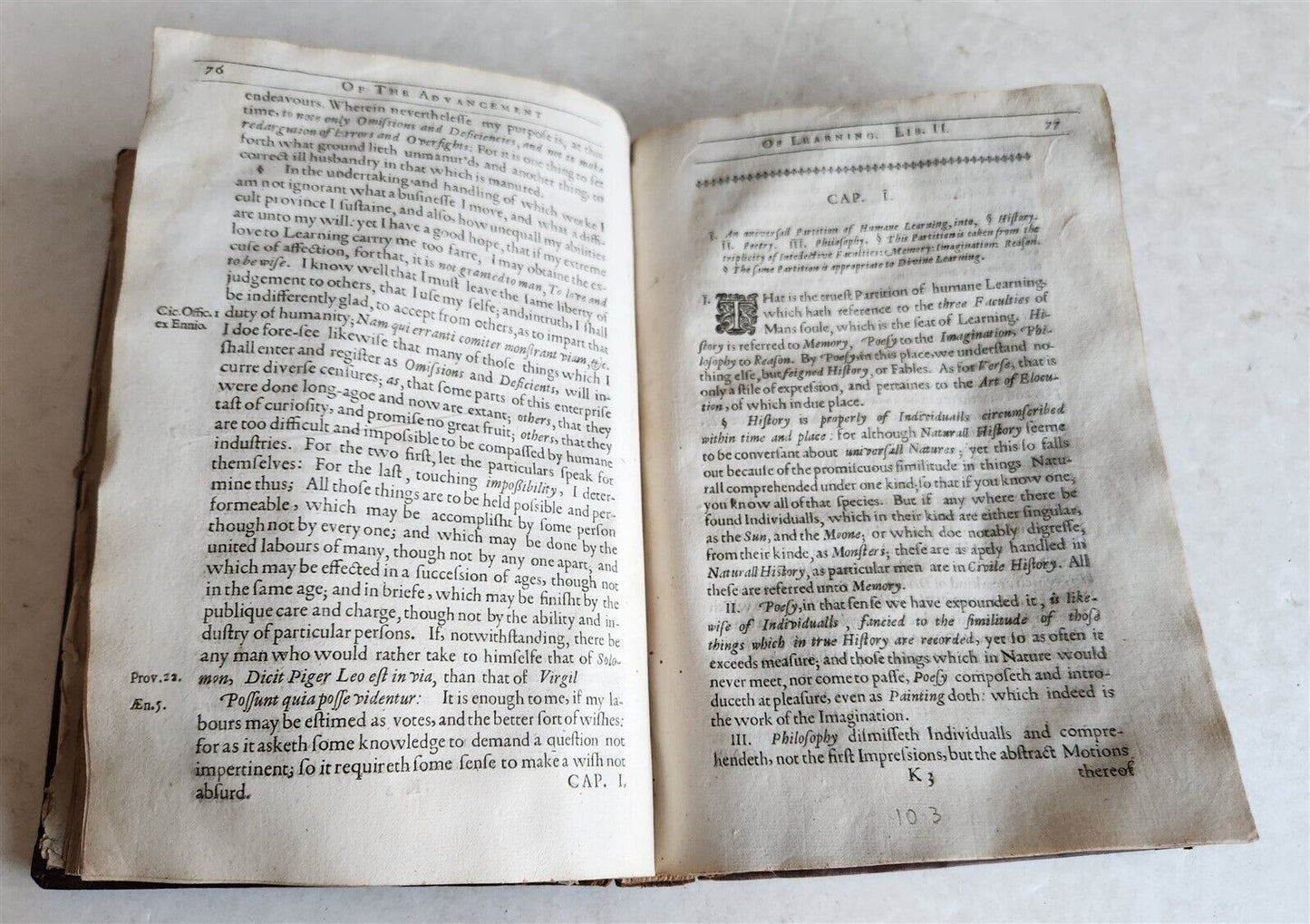 1640 FRANCIS BACON in ENGLISH antique Partitions of Sciences