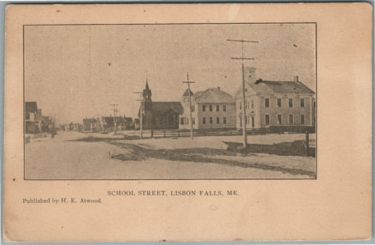 LISBON FALLS ME SCHOOL STREET ANTIQUE POSTCARD