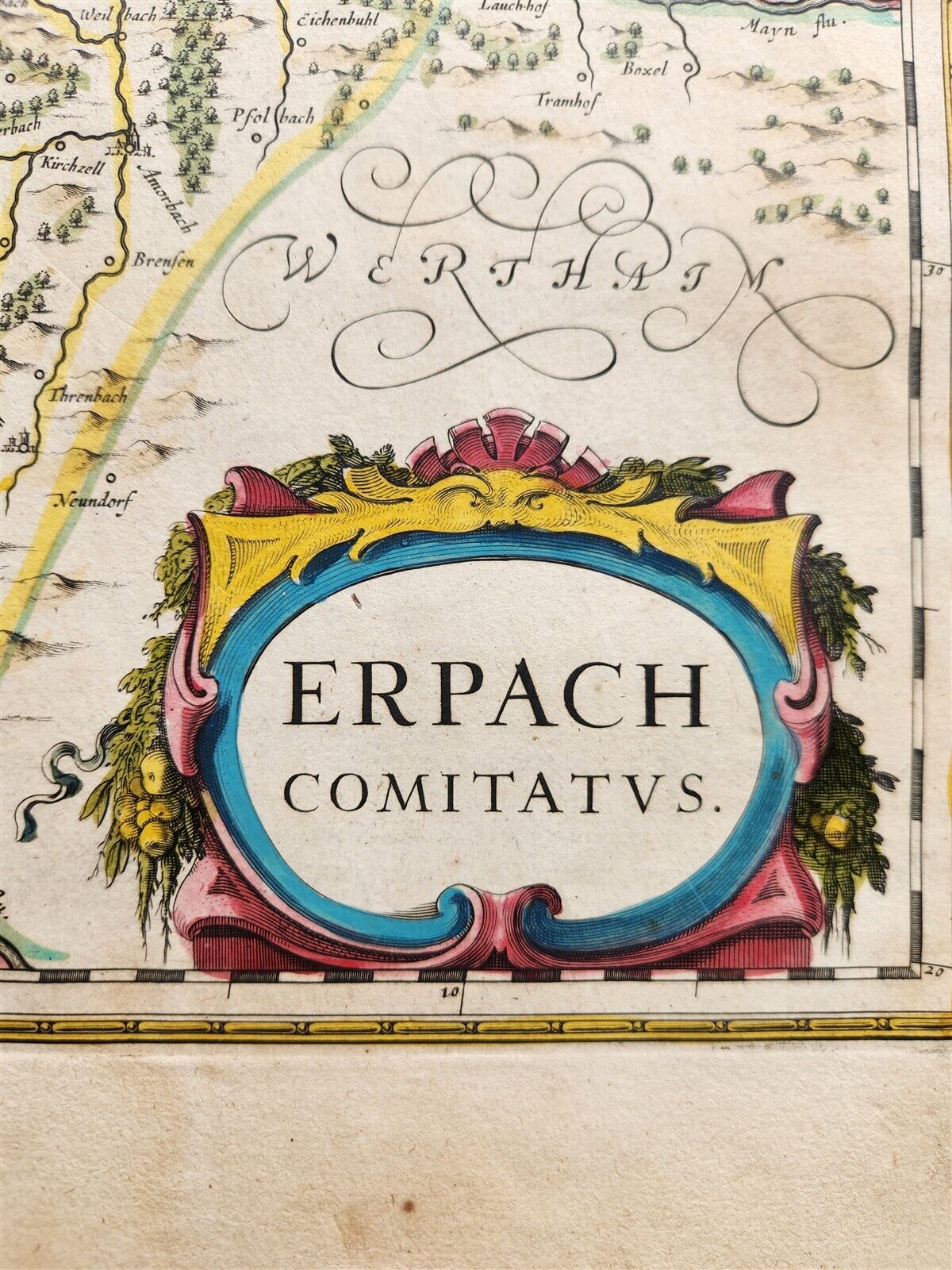 1640 MAP of GERMANY ERBACH by WILLEM BLAEU antique AUTHENTIC hand colored
