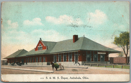 ASHTABULA OH S. & M.S. RAILROAD STATION RAILWAY DEPOT ANTIQUE POSTCARD