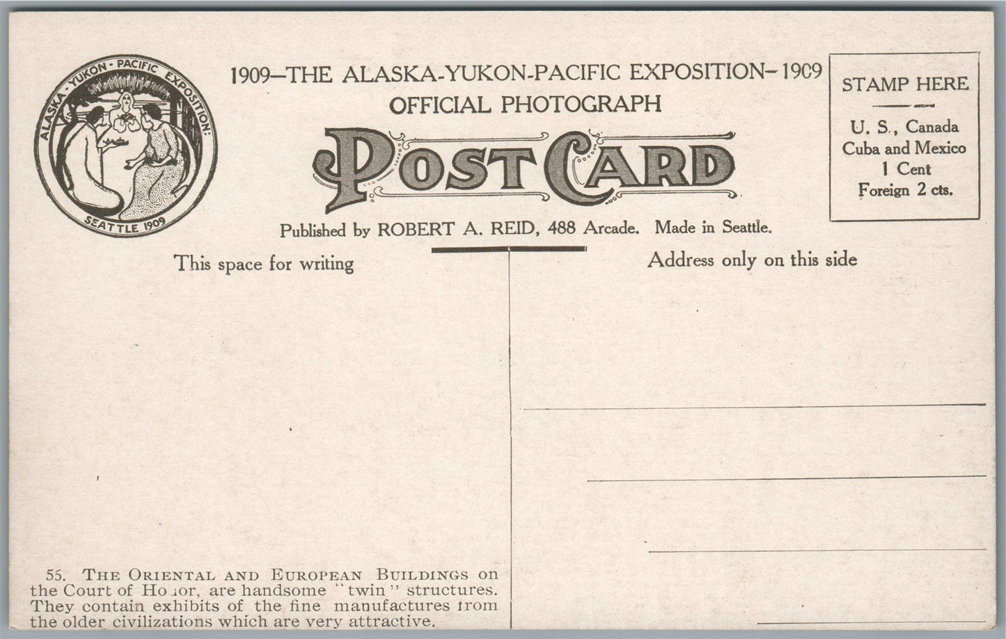 SEATTLE WA 1909 ALASKA YUKON PACIFIC EXPOSITION ORIENTAL BLDG ANTIQUE POSTCARD