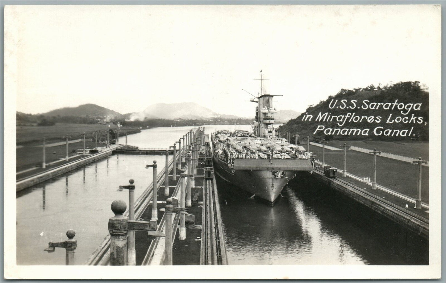 PANAMA CANAL USS SARATOGA ANTIQUE REAL PHOTO POSTCARD RPPC