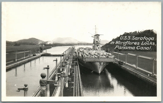PANAMA CANAL USS SARATOGA ANTIQUE REAL PHOTO POSTCARD RPPC