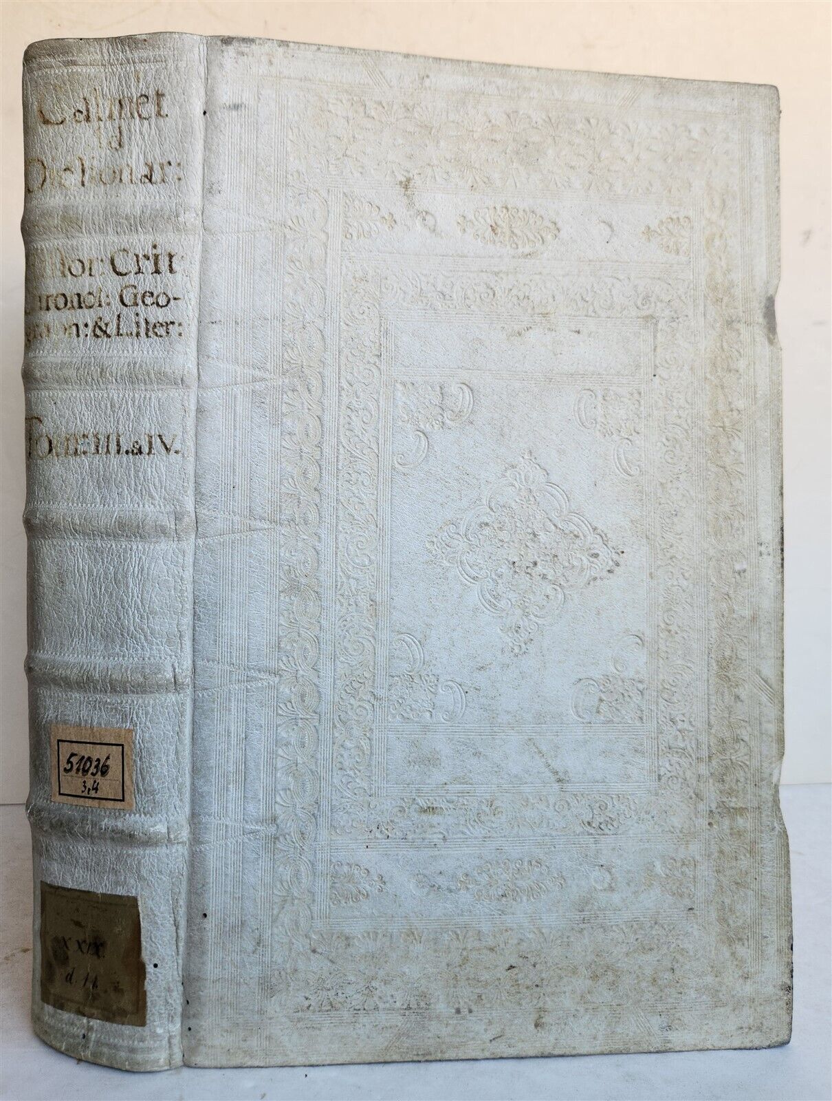 1736 AUGUSTINO CALMET antique BLIND STAMPED PIGSKIN BOUND FOLIO