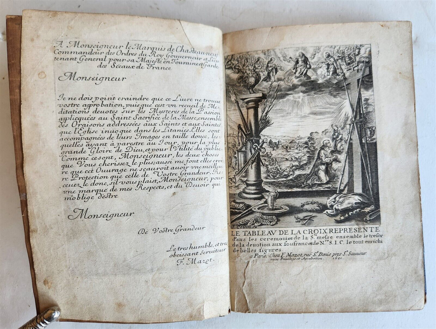 1651 PRAYER BOOK in FRENCH & LATIN BEAUTIFULLY ILLUSTRATED antique FINE BINDING
