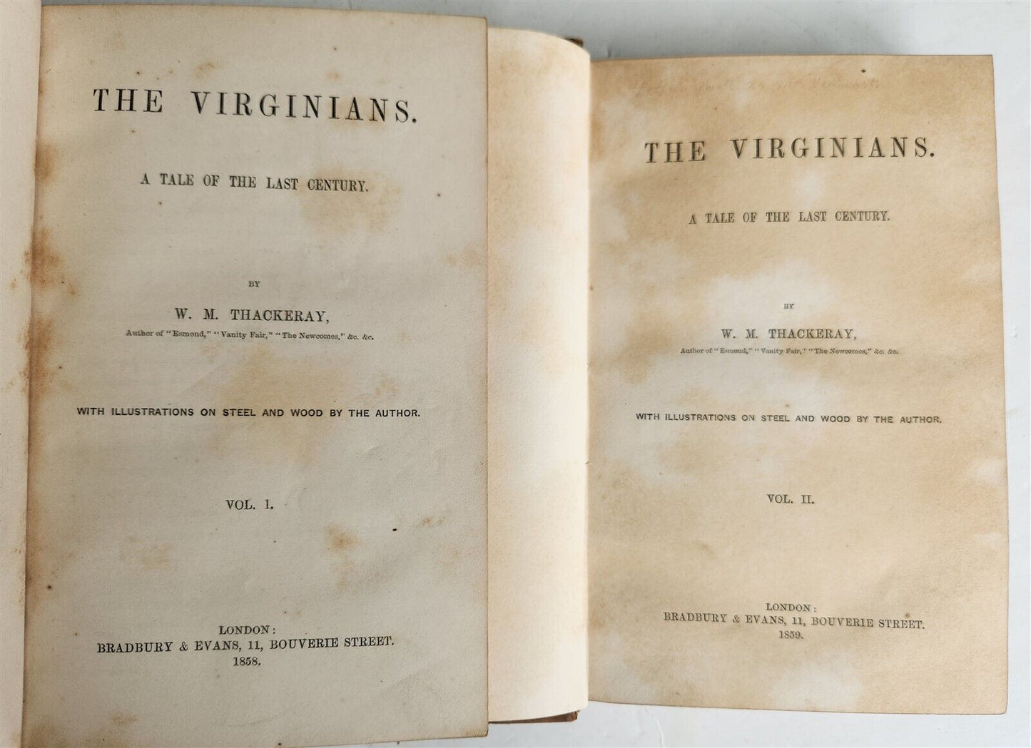 1858 THE VIRGINIANS by THACKERAY 2 VOLUMES antique Americana ILLUSTRATED