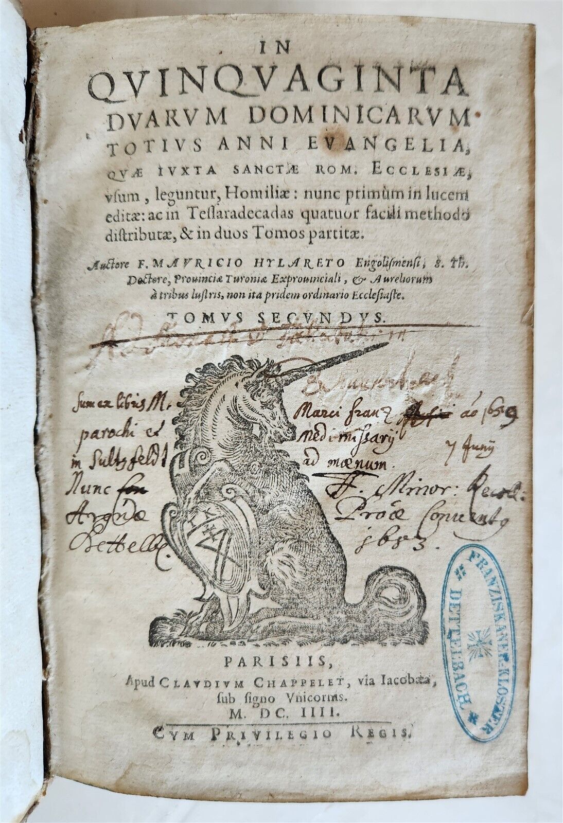 1604 SERMONS of Maurice Hylaret antique PIGSKIN BINDING UNICORN TITLEPIECE