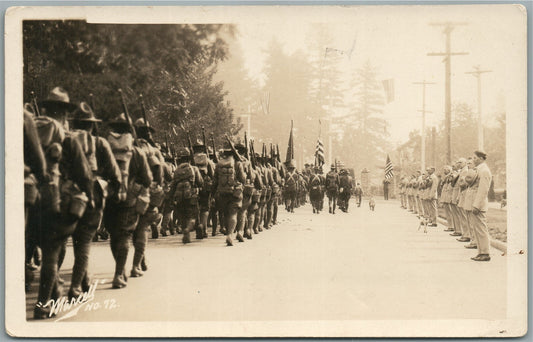 US WWI MILITARY in FRANCE w/ AMERICAN FLAGS ANTIQUE REAL PHOTO POSTCARD RPPC