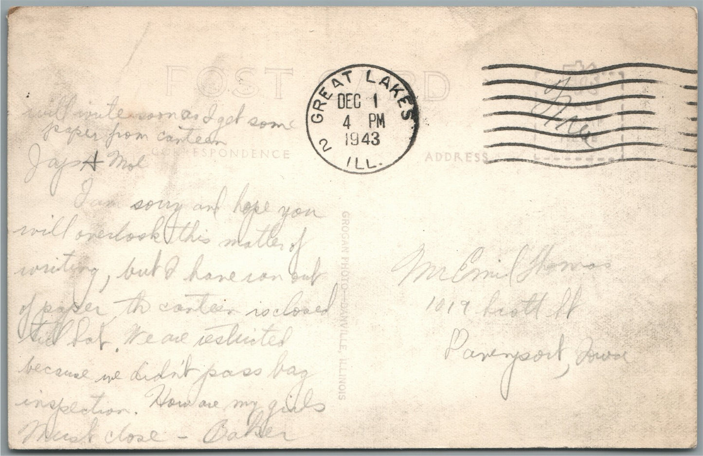 GREAT LAKES IL US NAVAL TRAINING STATION 1943 VINTAGE REAL PHOTO POSTCARD RPPC