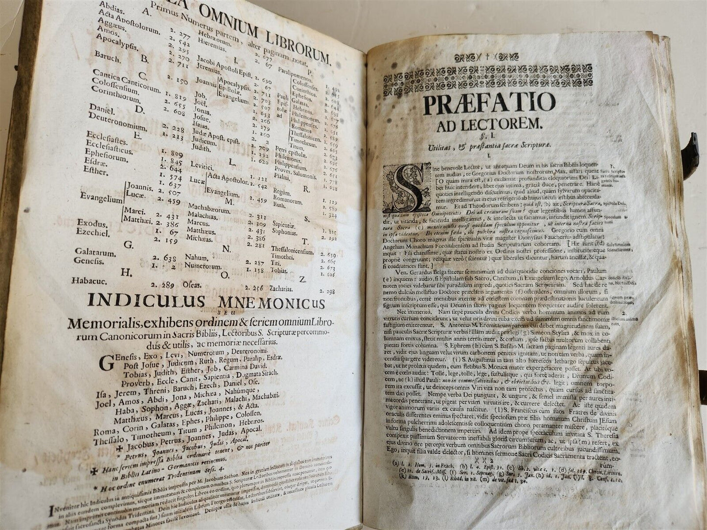 1737 BIBLE in GERMAN & LATIN antique MASSIVE FOLIO PIGSKIN BOUND 10 x 15"